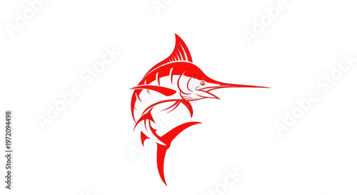Red Marlin Fish Silhouette Jumping Out Of Water, Sport Fishing Icon