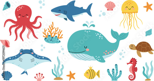Cute sea animals collection with whale shark octopus jellyfish and ocean elements cartoon vector set