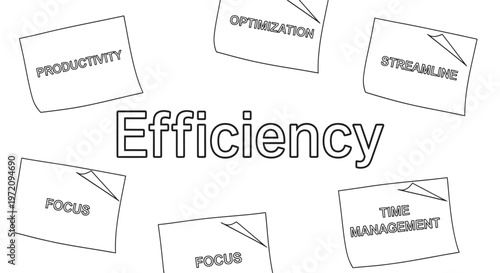 Efficiency and productivity concept illustration. Vector line art featuring sticky notes with business keywords like Focus, Time Management, Optimization, and Streamline.