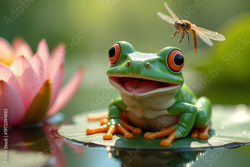 Green frog sitting on lily pad with dragonfly above in sunlight  