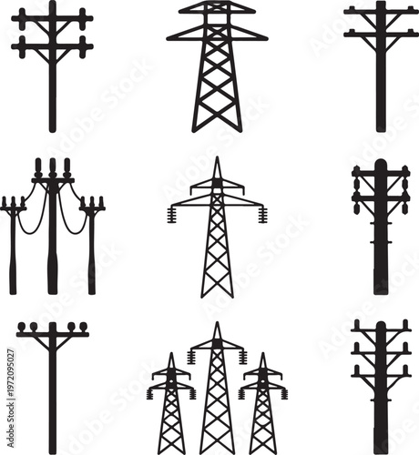 Various types of electrical transmission and distribution towers and poles