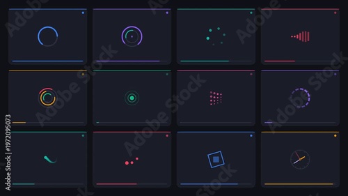 Large collection of various creative loading spinners and progress bar animations for website interface and mobile application user experience design.