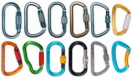 Fotografie Isolated collection of climbing colorful carabiners on white background