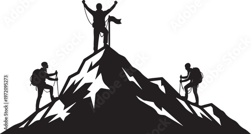 Silhouette of triumphant hikers reaching mountain summit with flag