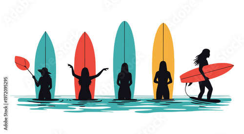 Vibrant Stand Up Paddle Yoga and Surfing Silhouette Vector Illustration