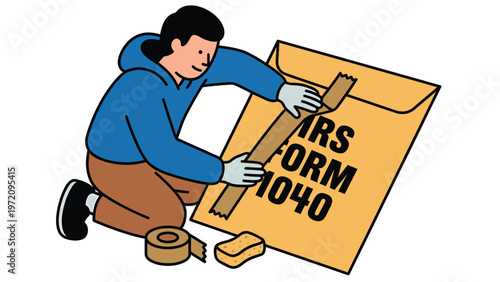 Man sealing IRS Form 1040 envelope for tax submission. Tax preparation and filing concept. Flat vector illustration.