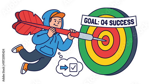 Q4 Business Success Target: Cartoon character aims dart, symbolizing strategic goal achievement and quarterly objective planning.