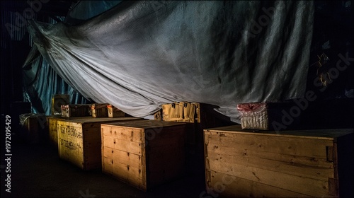 tarpaulin. Dimly lit dock warehouse with wooden crates under a tarp. safety posters, maintenance manuals, designed for precision metalworking and fabrication facilities, clarifies operation.