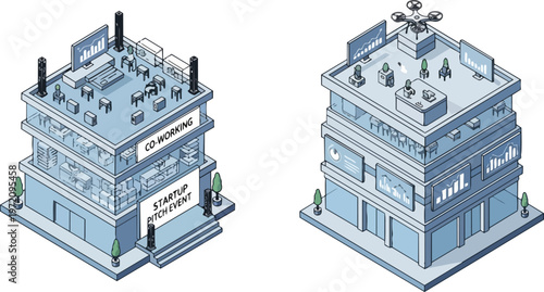 Isometric Office Buildings Set featuring Coworking Space, Startup Pitch Event Venue, and High-Tech Data Analytics Center with Drone on Rooftop