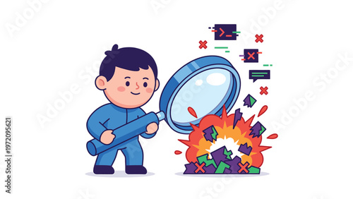 Cartoon character debugging software errors. Man with magnifying glass analyzing exploding data, finding and fixing bugs. Problem solving concept.
