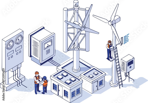 Isometric Wind Power Station Illustration with Technicians Maintaining Turbines and Renewable Energy Infrastructure for Sustainable Power Generation