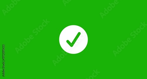 green check mark icon in white circle looped motion graphic animation Isolated on a green background.