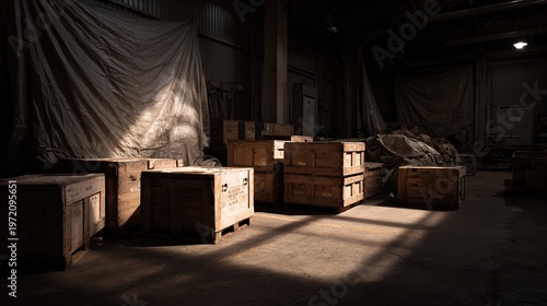 tarpaulin. Dimly lit dock warehouse with wooden crates under a tarp. safety posters, maintenance manuals, designed for precision metalworking and fabrication facilities, clarifies operation.