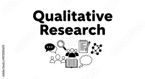 Qualitative Research concept illustration with icons. Vector line art of interview, observation, magnifying glass, book, and thinking bubble. 