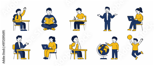 Students Learning Illustration, Education Concept - Diverse Kids in Class Activities: Reading, Writing, Using Laptop, Globe - Back to School Vector Flat Design, Joyful Learning Process