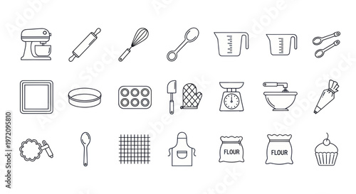 Baking Tools and Utensils Vector Icons Set - Kitchenware Collection
