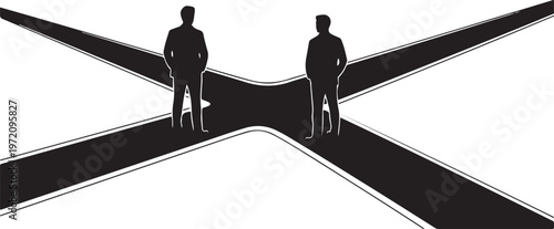 Two men standing at a crossroads in black silhouette