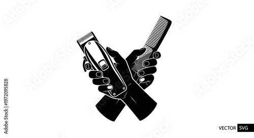Barber Hands Holding Crossed Hair Clippers and Comb, Vintage Style Illustration