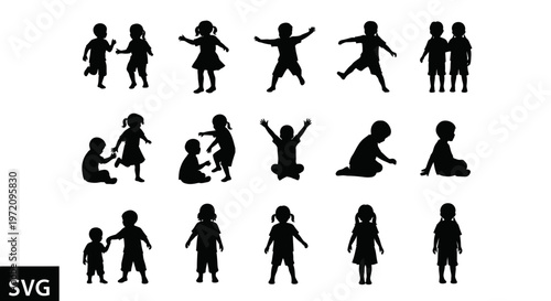 Children Silhouettes Collection: Playful Kids Poses Vector Set