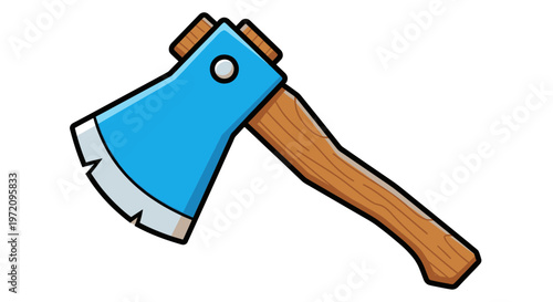 Bright blue cartoon axe with wooden handle isolated on white background