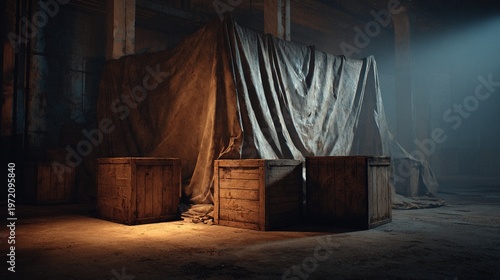tarpaulin. Dimly lit dock warehouse with wooden crates under a tarp. safety posters, maintenance manuals, designed for precision metalworking and fabrication facilities, clarifies operation.