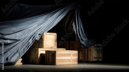 tarpaulin. Dimly lit dock warehouse with wooden crates under a tarp. safety posters, maintenance manuals, designed for precision metalworking and fabrication facilities, clarifies operation.