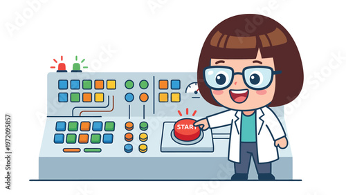 Smiling scientist character pushing a red 'START' button on a complex control panel illustration