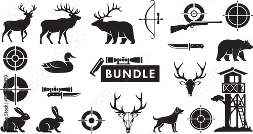 Hunting icons and symbols bundle for outdoor enthusiasts collection