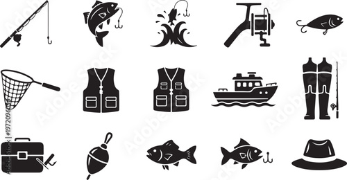 Fishing icons and symbols in black and white color
