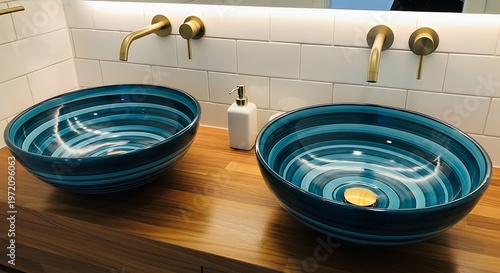 Contemporary bathroom with twin blue swirl ceramic vessel sinks with vessel sink with smooth surface with bathroom accessories