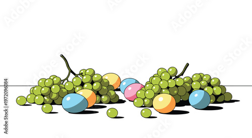 Two generous clusters of ripe green grapes are artfully scattered with several smooth pastel-colored Easter eggs across a clean white horizontal surface.