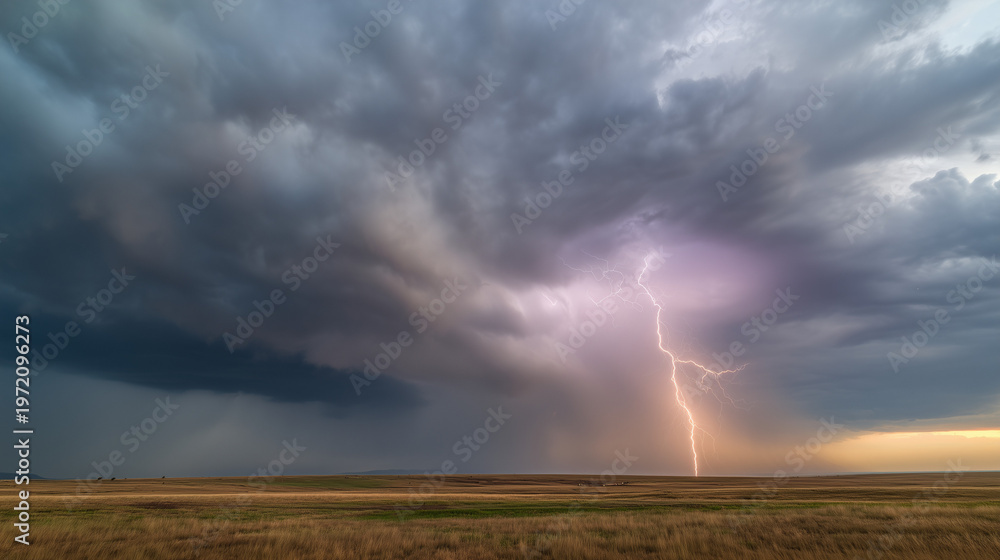 Fototapeta premium A dramatic thunderstorm over a flat prairie with a single lightning bolt on the horizon