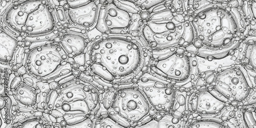 A detailed, abstract close-up of clear, transparent cells or blobs filled with numerous tiny bubbles, creating a dynamic, organic texture in grayscale.