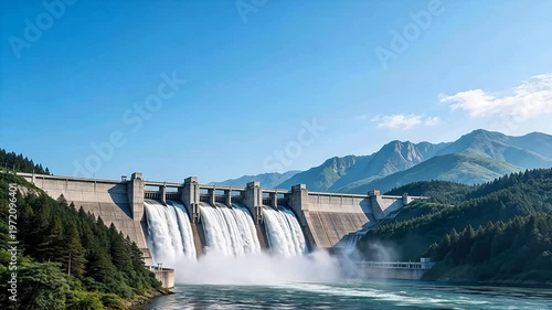 Massive concrete hydroelectric dam releasing torrents of water against lush green mountains under a clear blue sky — renewable energy and engineering marvel