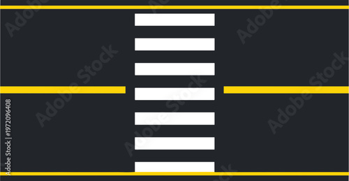 A close-up view of a road's white and yellow markings on a black surface.