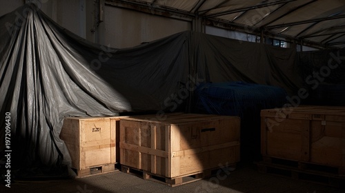 tarpaulin. Dimly lit dock warehouse with wooden crates under a tarp. safety posters, maintenance manuals, designed for precision metalworking and fabrication facilities, clarifies operation.