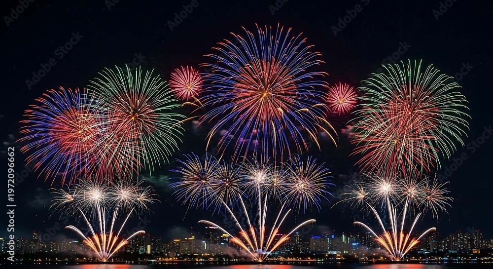 Fototapeta premium Vibrant 4th of july fireworks display on a summer night sky