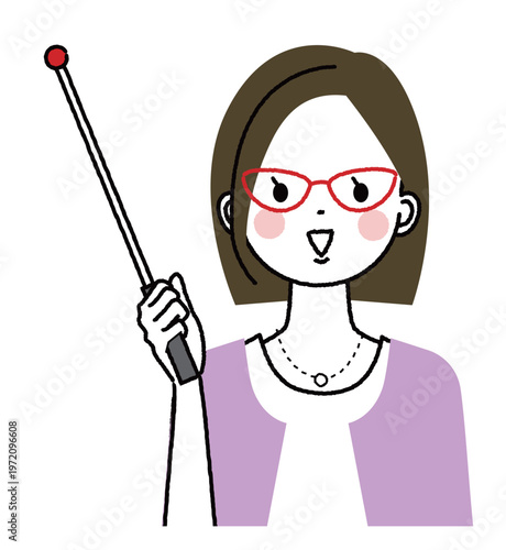 ボブヘアでオフィスカジュアルファッションの女性　指示棒を持って話している女性