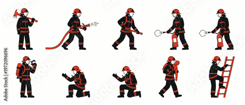 Firefighter Character Poses Set. Fireman Cartoon Icons with Axe, Hose, Extinguisher, Ladder. Brave Rescue Actions in Emergency Situations. Firefighting Hero Flat Vector Illustration.