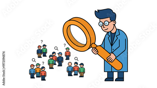 Market Research & Audience Analysis: Scientist with Magnifying Glass Examines Diverse Group for Demographic Study and Data Investigation