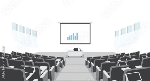 A spacious modern lecture hall features rows of tiered grey seating equipped with individual digital tablets and a large screen showing a blue bar chart.