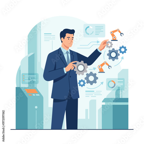 Businessman interacting with industrial automation and technology.