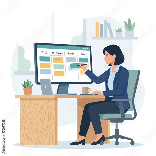Businesswoman managing tasks on a digital kanban board.