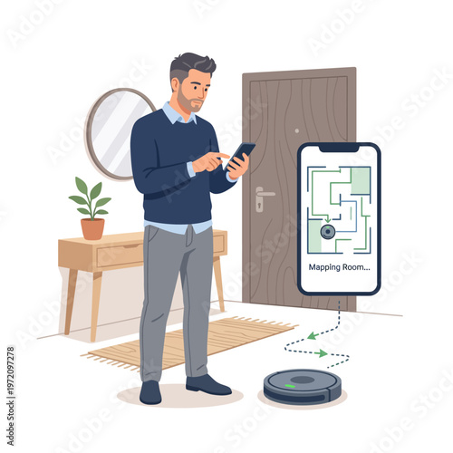 Man controlling robot vacuum cleaner with smartphone app.