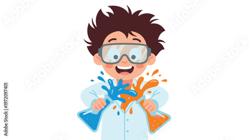 Excited Kid Scientist Doing Messy Chemistry Experiment with Colorful Splashes from Beakers