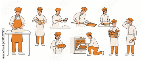 Bakery Chef Baking Bread - Cooking Dough and Making Fresh Pastries, Cartoon People in Uniforms Preparing Food, Professional Baker at Work, Culinary Art, Pâtisserie Process