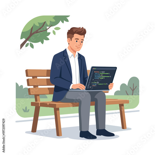 Man working on laptop outdoors on a park bench.