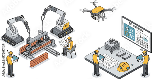 Smart Construction Site Concept with Industrial Robots, Drone Surveying, and Engineers. Isometric Vector Illustration of Automated Building Technology.