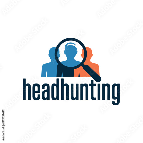 A logo for headhunting services with a magnifying glass over three colorful silhouettes