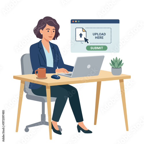 Professional Woman Uploading Documents Online Using Laptop.
